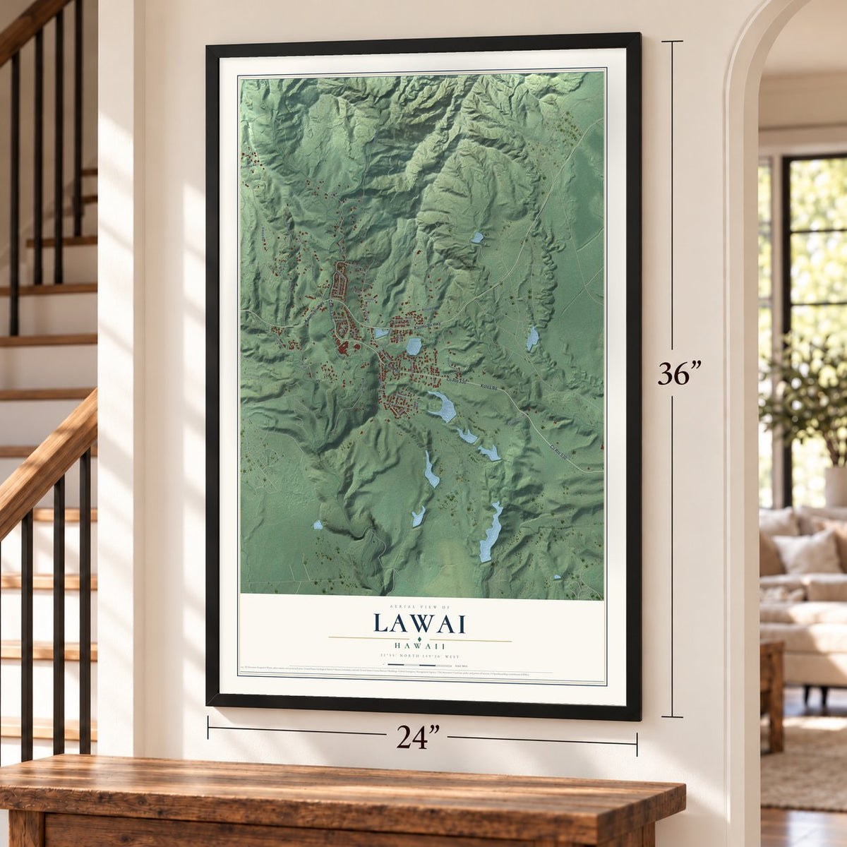 Lawai, Hawaii map, 24 x 36 inch print in a black frame by a staircase