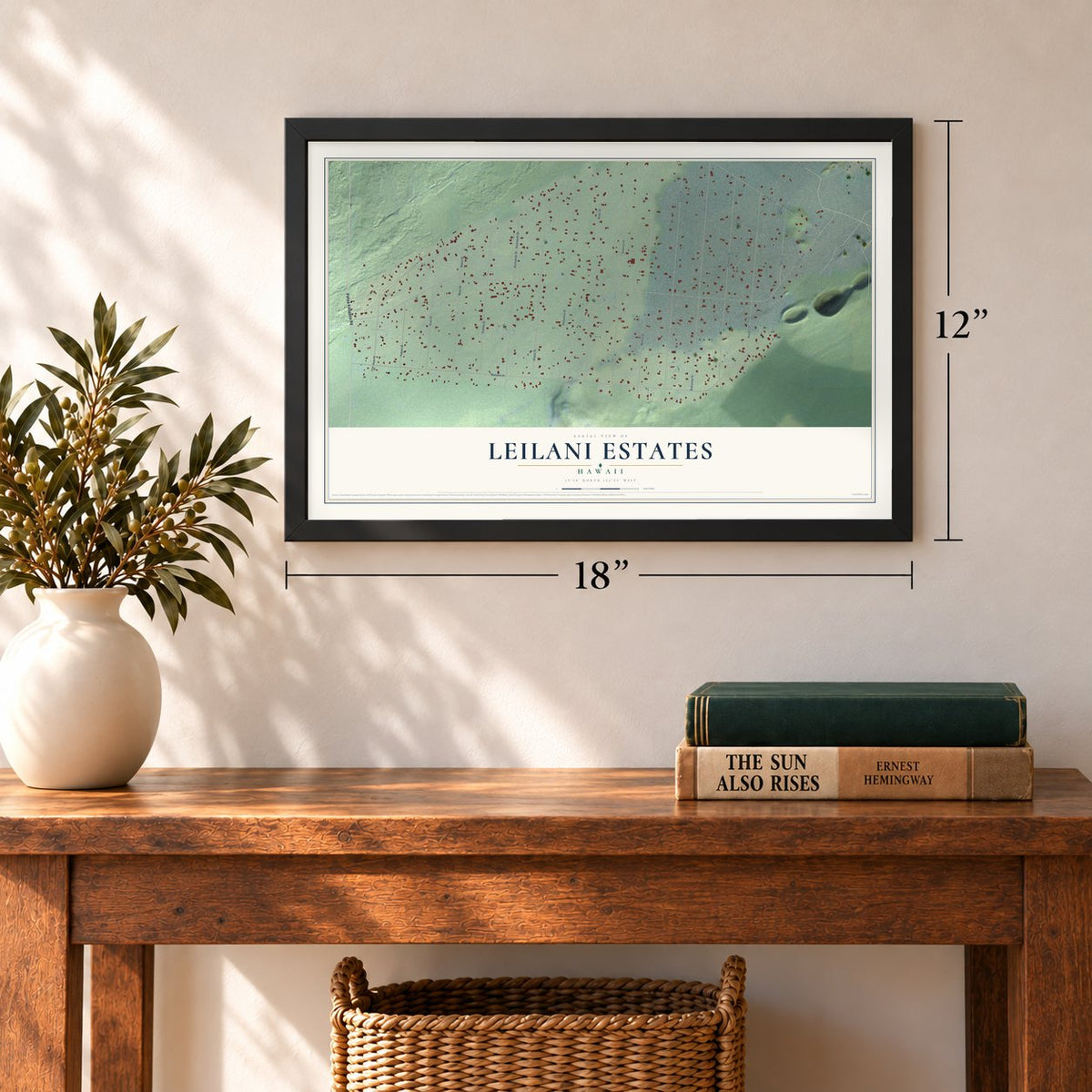 Leilani Estates, Hawaii map, 12 x 18 inch print in a black frame in an entryway
