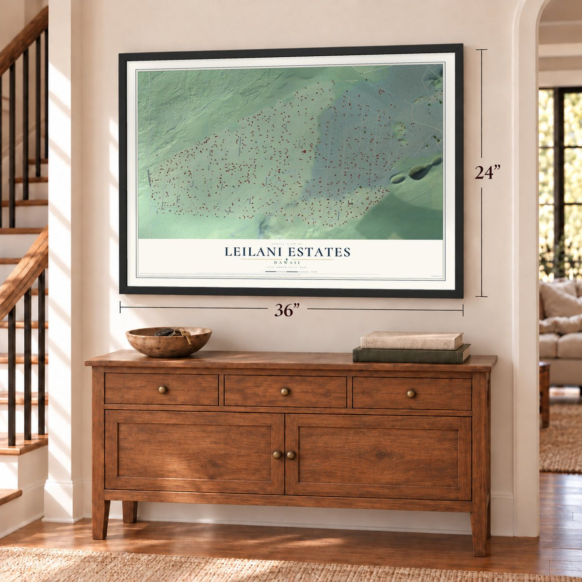 Leilani Estates, Hawaii map, 24 x 36 inch print in a black frame above a dresser by a staircase