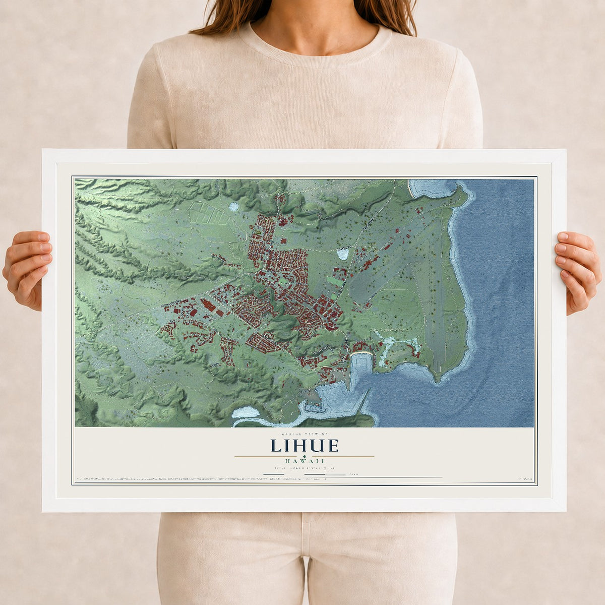 Map of Lihue, Hawaii, 12 x 18 inch print in a white wood frame