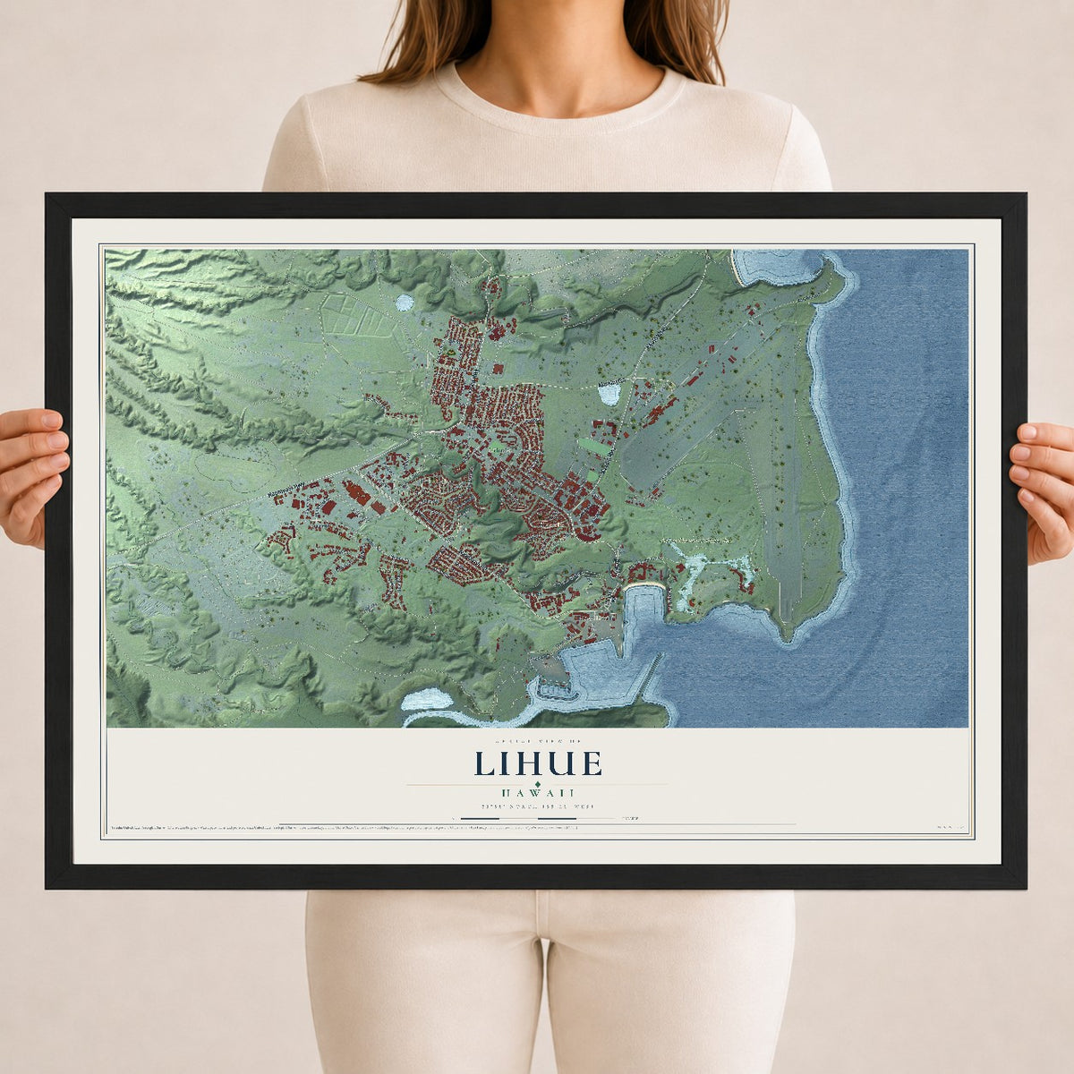Map of Lihue, Hawaii, 18 x 24 inch print in a black wood frame