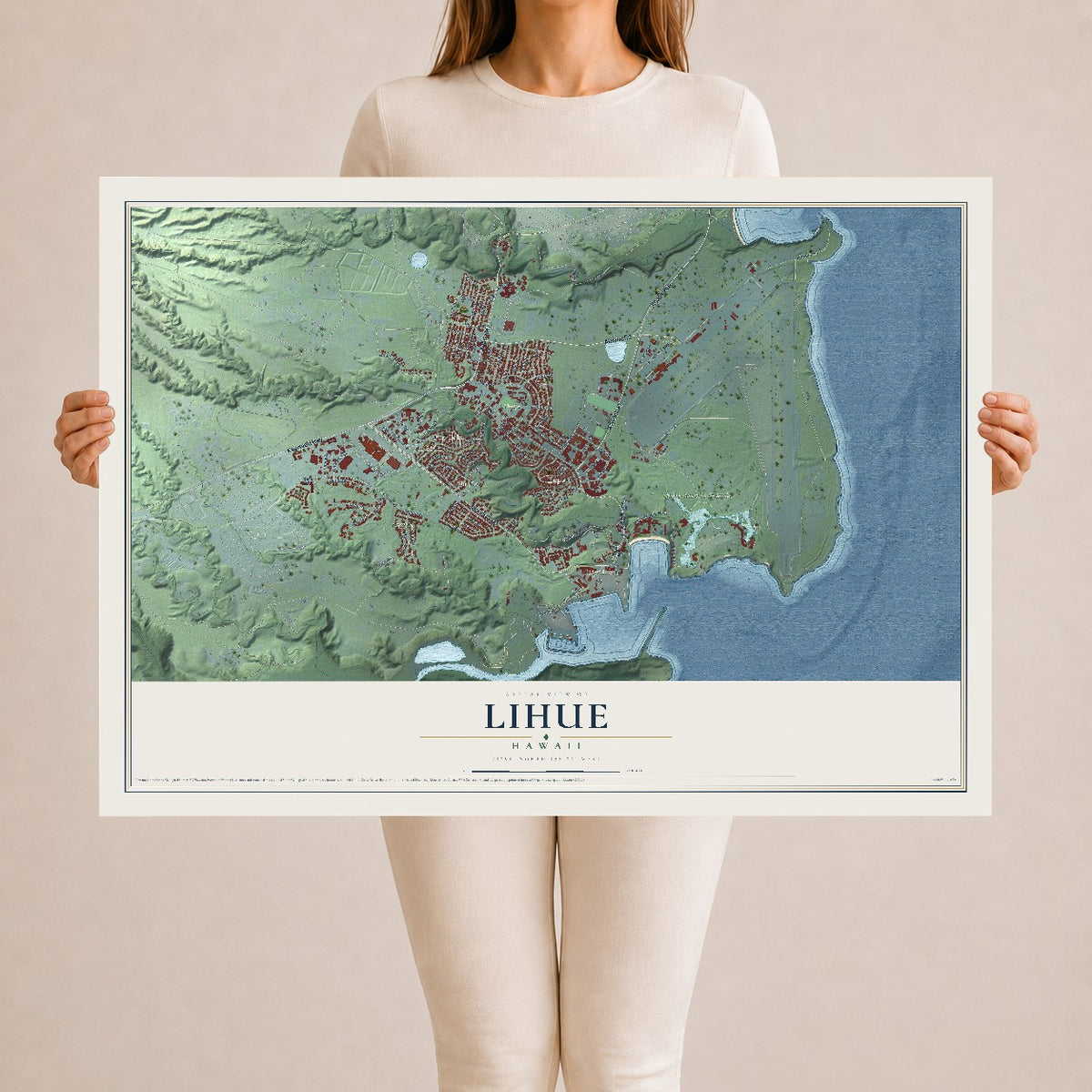 Map of Lihue, Hawaii, 24 x 36 inch unframed archival matte print