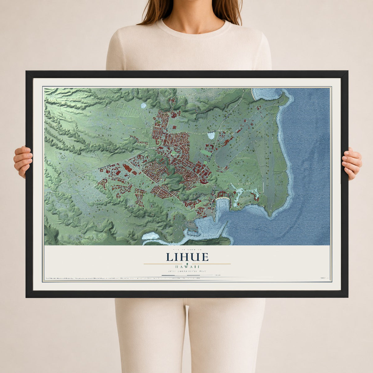 Map of Lihue, Hawaii, 24 x 36 inch print in a black wood frame