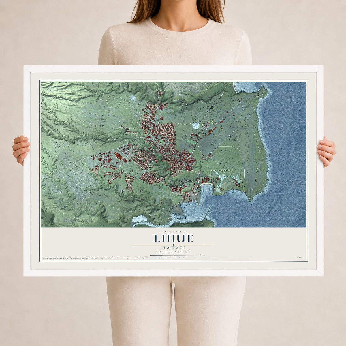 Map of Lihue, Hawaii, 24 x 36 inch print in a white wood frame