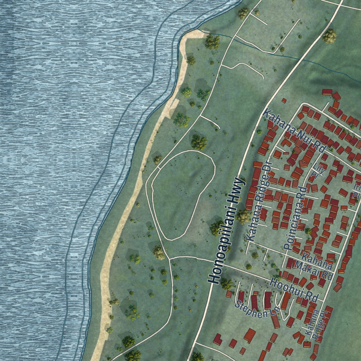 Close-up of the map of Mahinahina, Hawaii print showing street and building detail