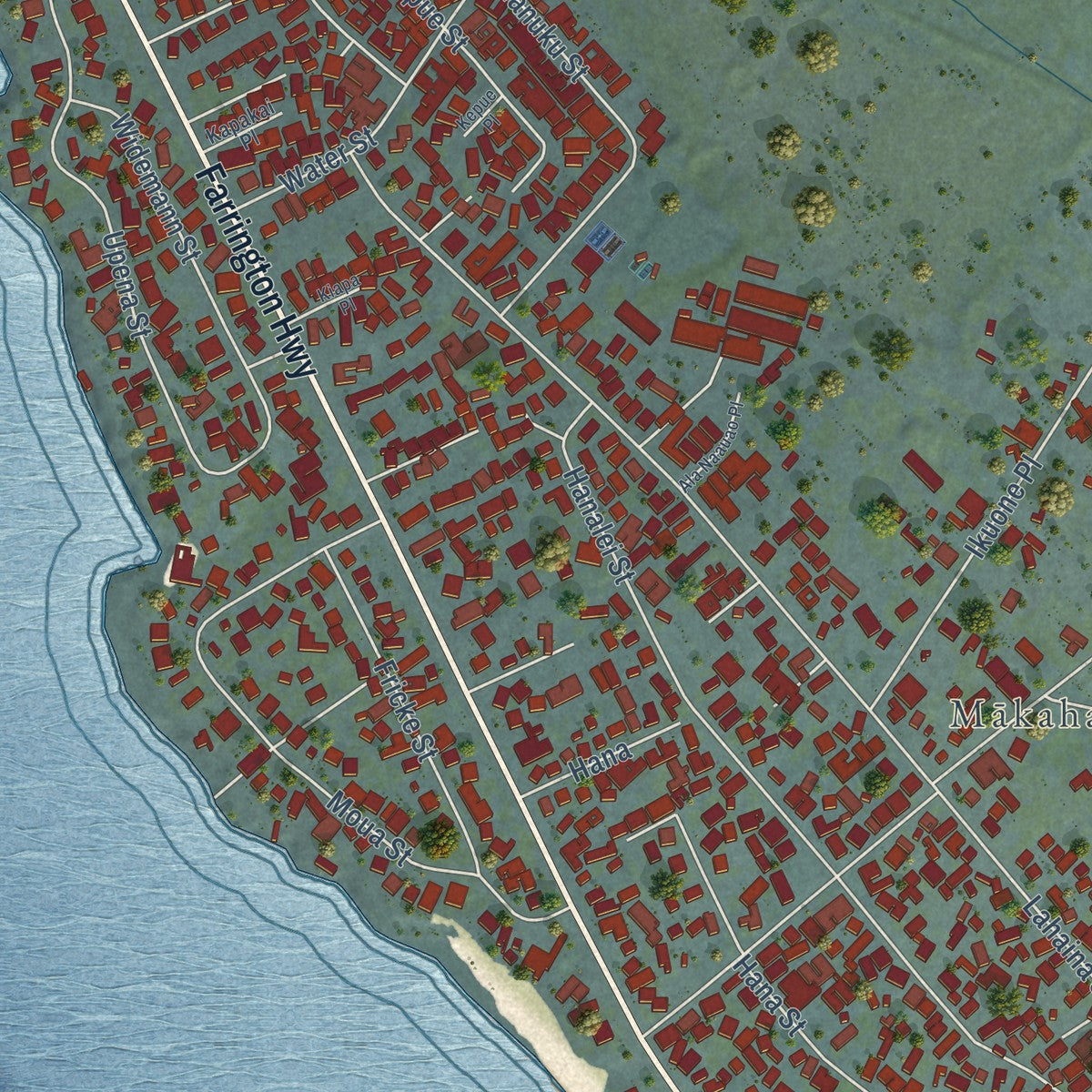 Close-up of the map of Makaha, Hawaii print showing street and building detail