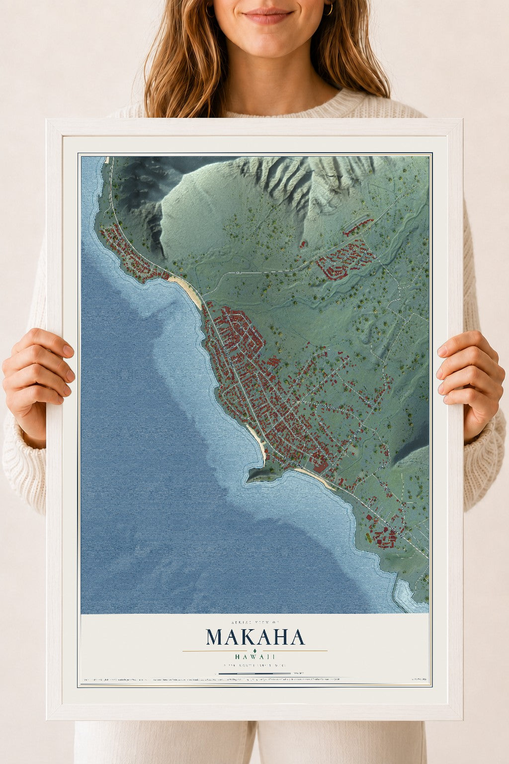 Map of Makaha, Hawaii, 18 x 24 inch print in a white wood frame