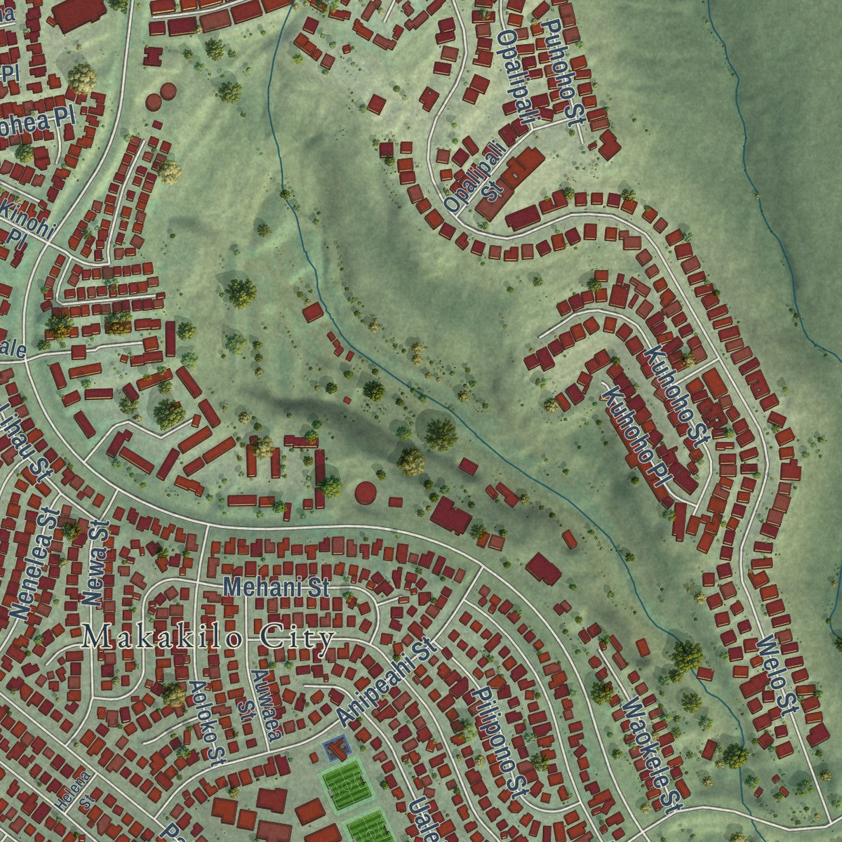 Close-up of the map of Makakilo, Hawaii print showing street and building detail