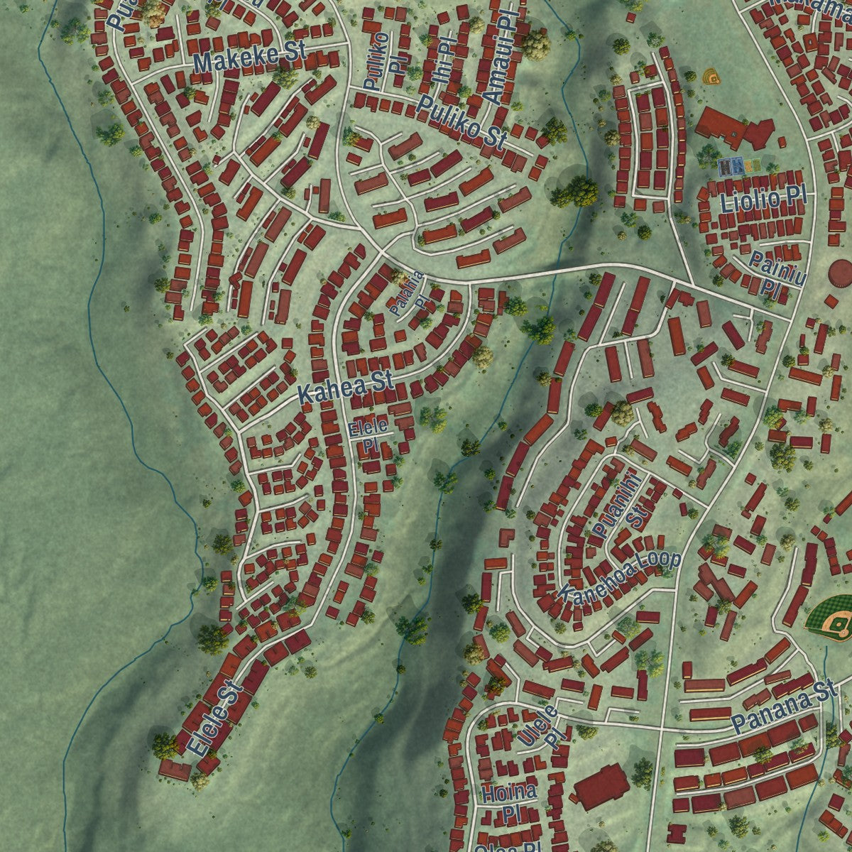 Second close-up of the map of Makakilo, Hawaii print showing more streets and buildings