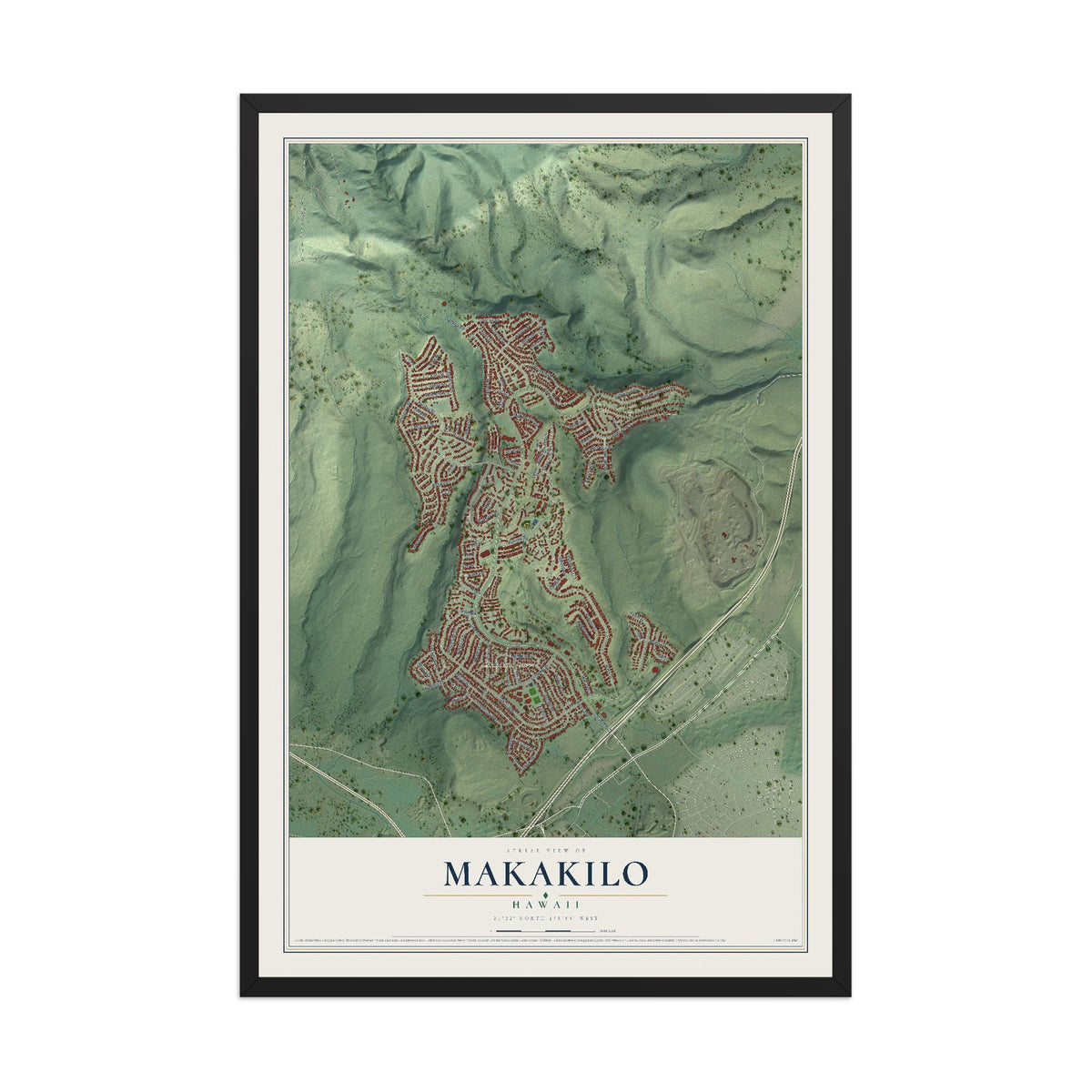 Map of Makakilo, Hawaii, 12 x 18 inch print in a black wood frame