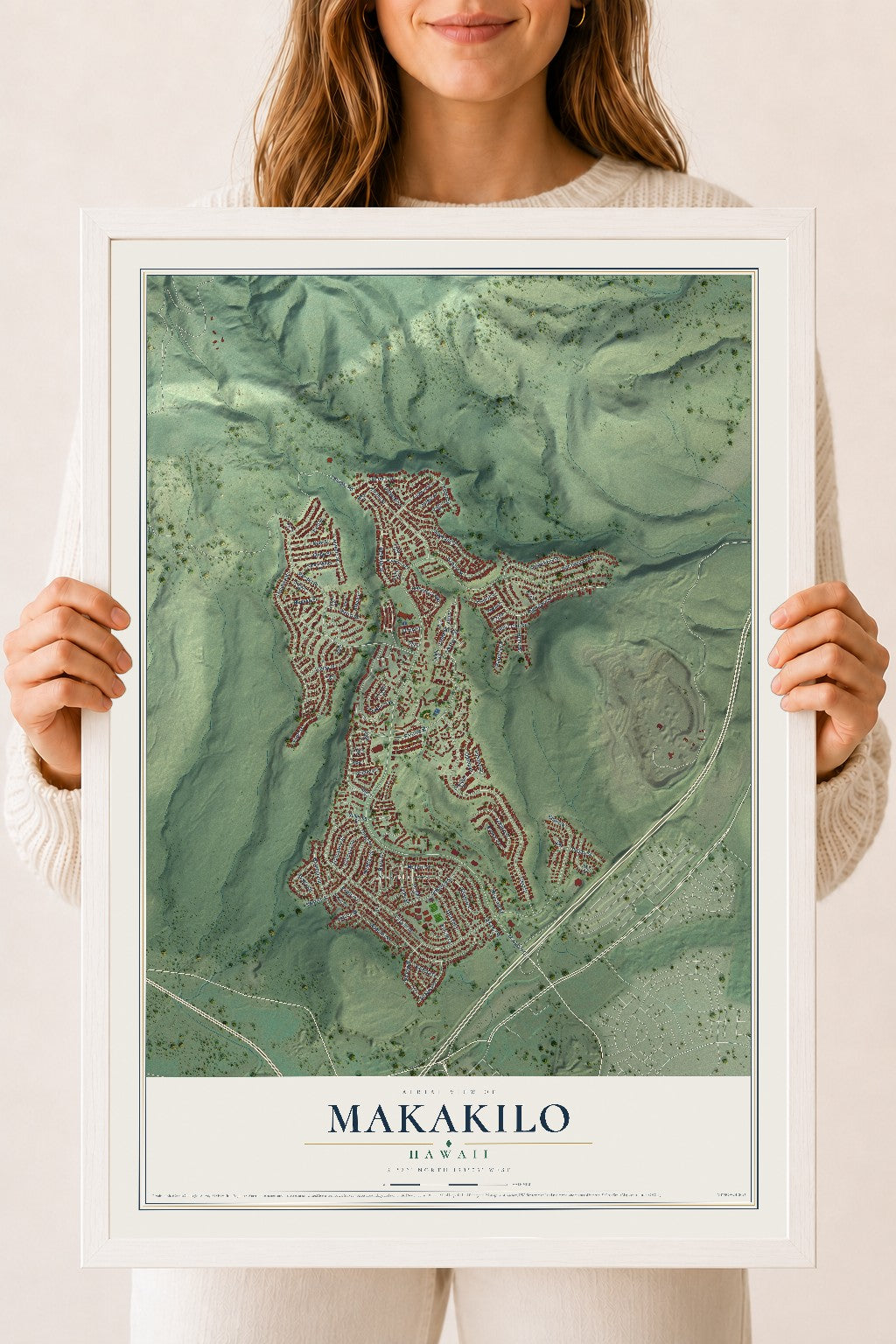 Map of Makakilo, Hawaii, 18 x 24 inch print in a white wood frame