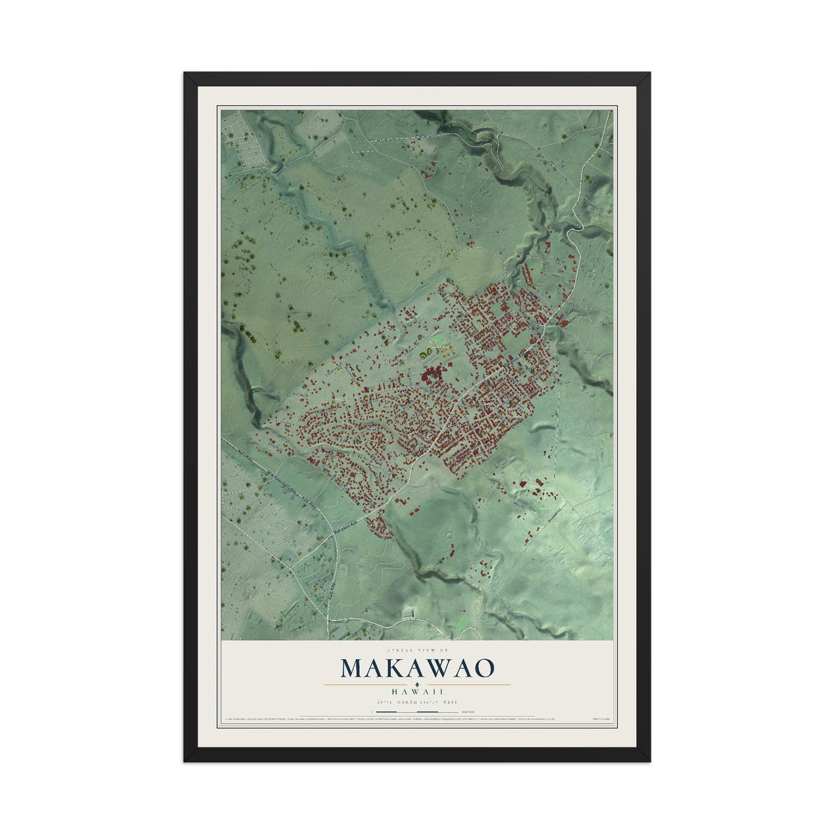 Map of Makawao, Hawaii, 12 x 18 inch print in a black wood frame