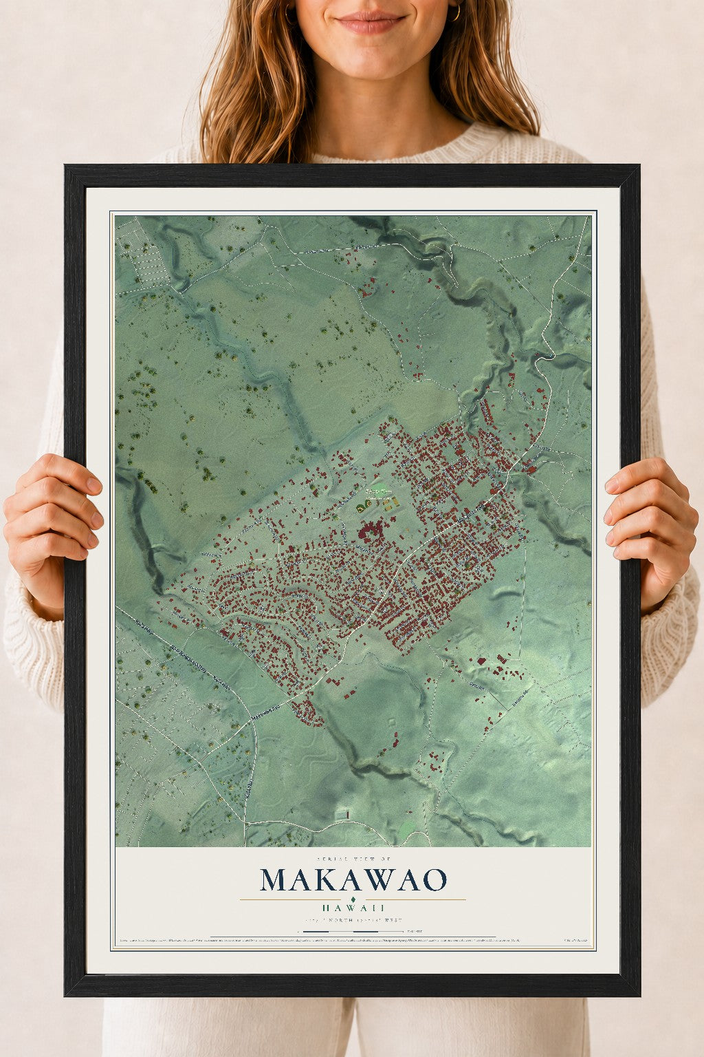 Map of Makawao, Hawaii, 18 x 24 inch print in a black wood frame