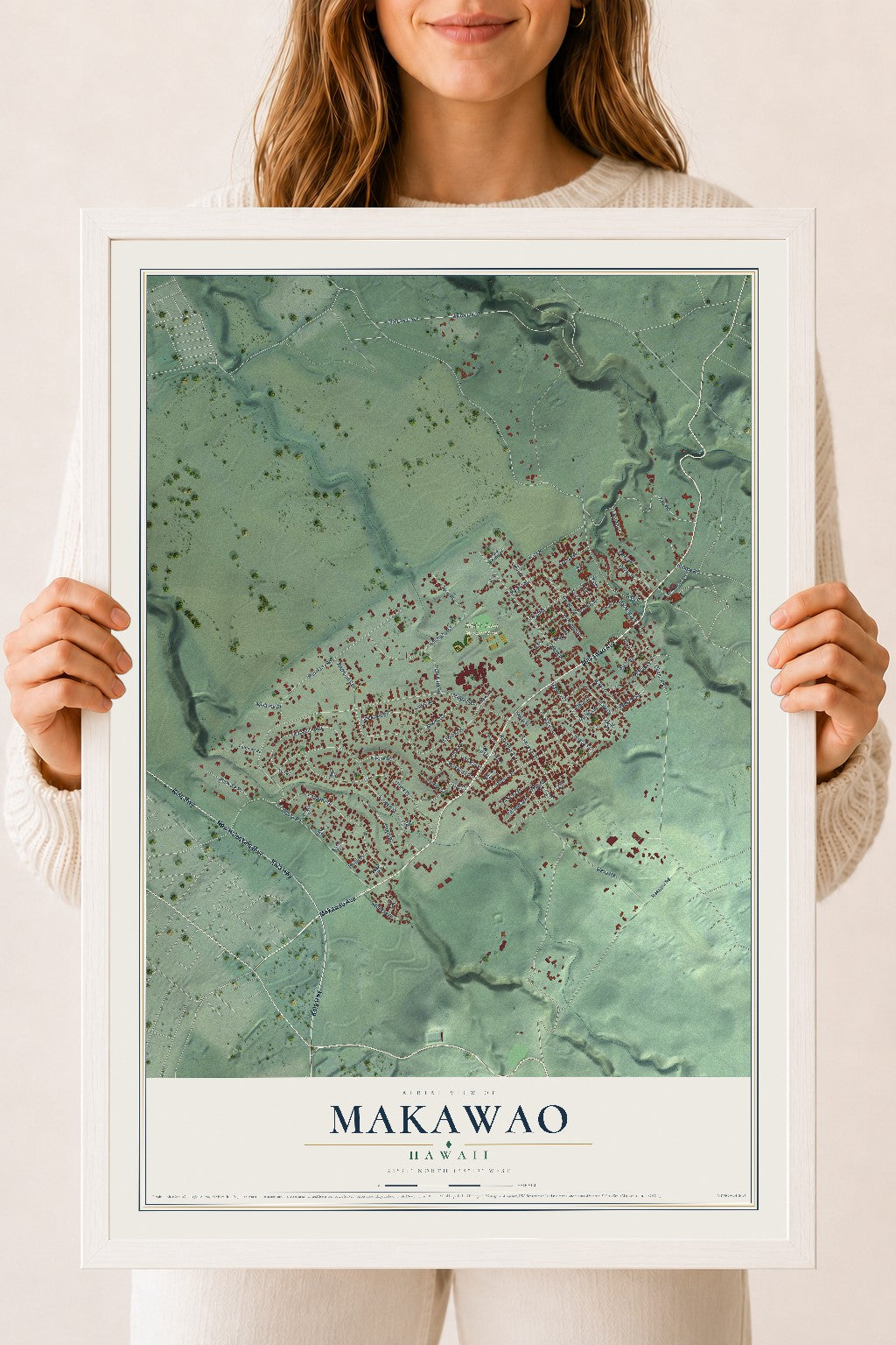 Map of Makawao, Hawaii, 18 x 24 inch print in a white wood frame