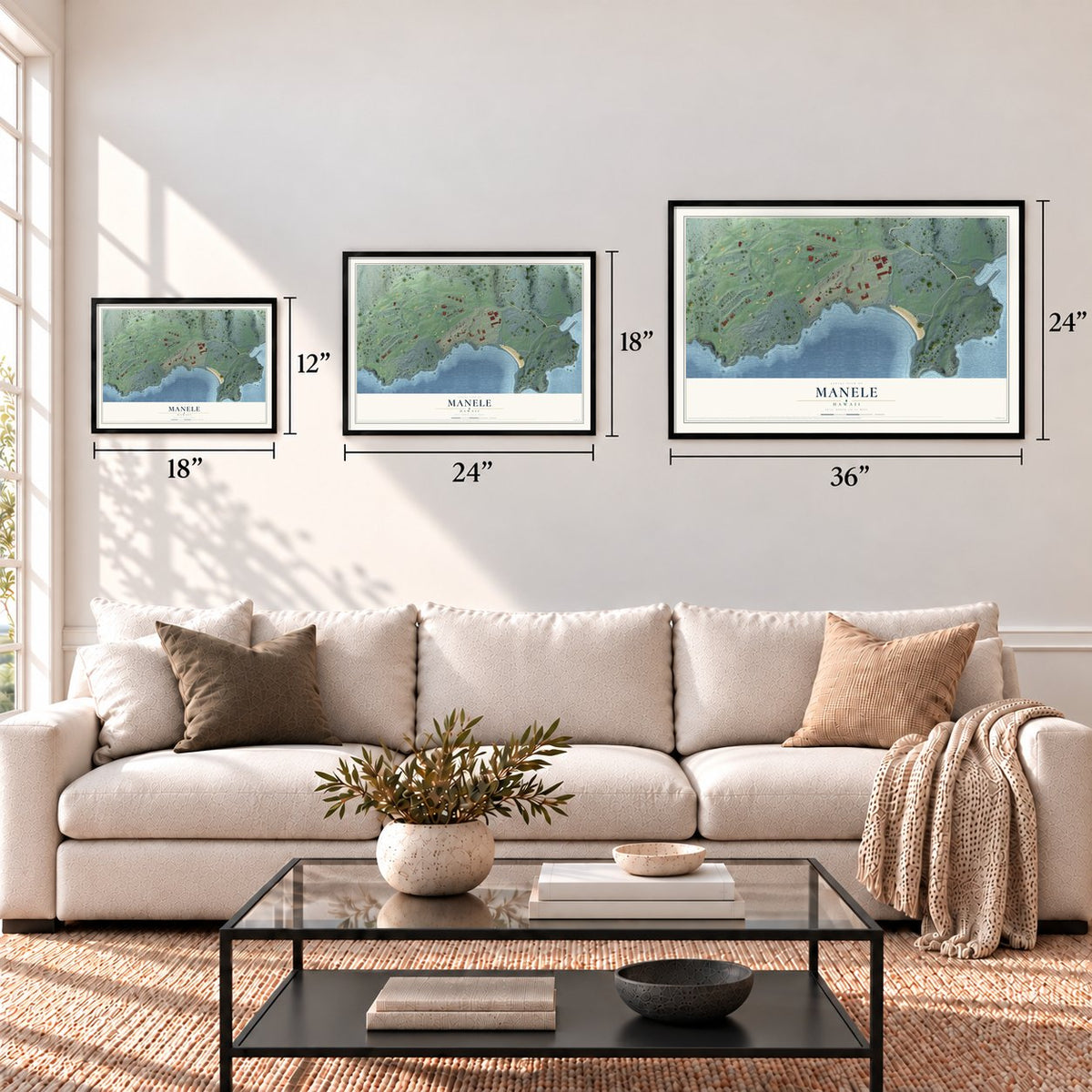 Manele, Hawaii map in 12 x 18, 18 x 24 and 24 x 36 inch sizes above a sofa