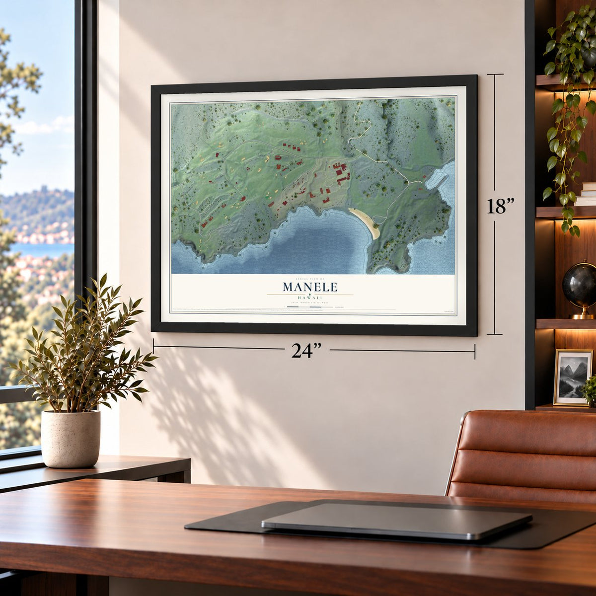 Manele, Hawaii map, 18 x 24 inch print in a black frame in a home office