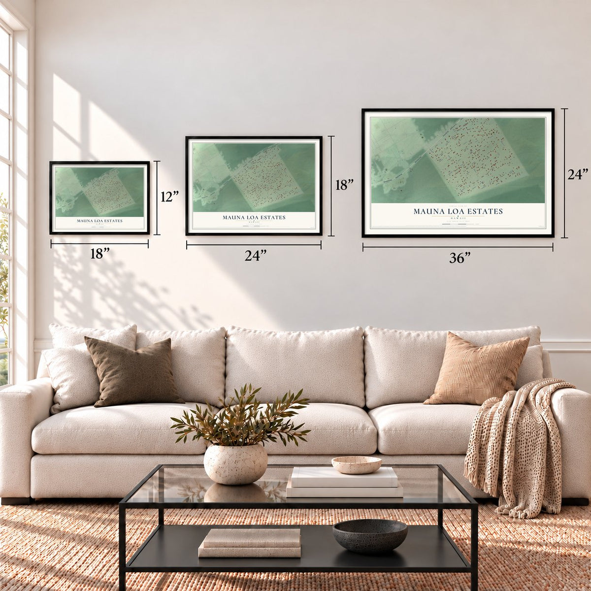 Mauna Loa Estates, Hawaii map in 12 x 18, 18 x 24 and 24 x 36 inch sizes above a sofa