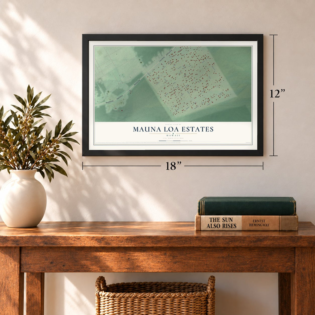 Mauna Loa Estates, Hawaii map, 12 x 18 inch print in a black frame in an entryway