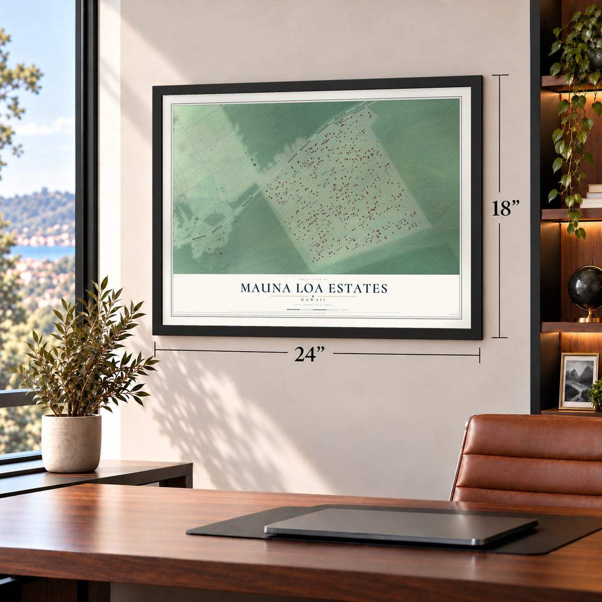 Mauna Loa Estates, Hawaii map, 18 x 24 inch print in a black frame in a home office