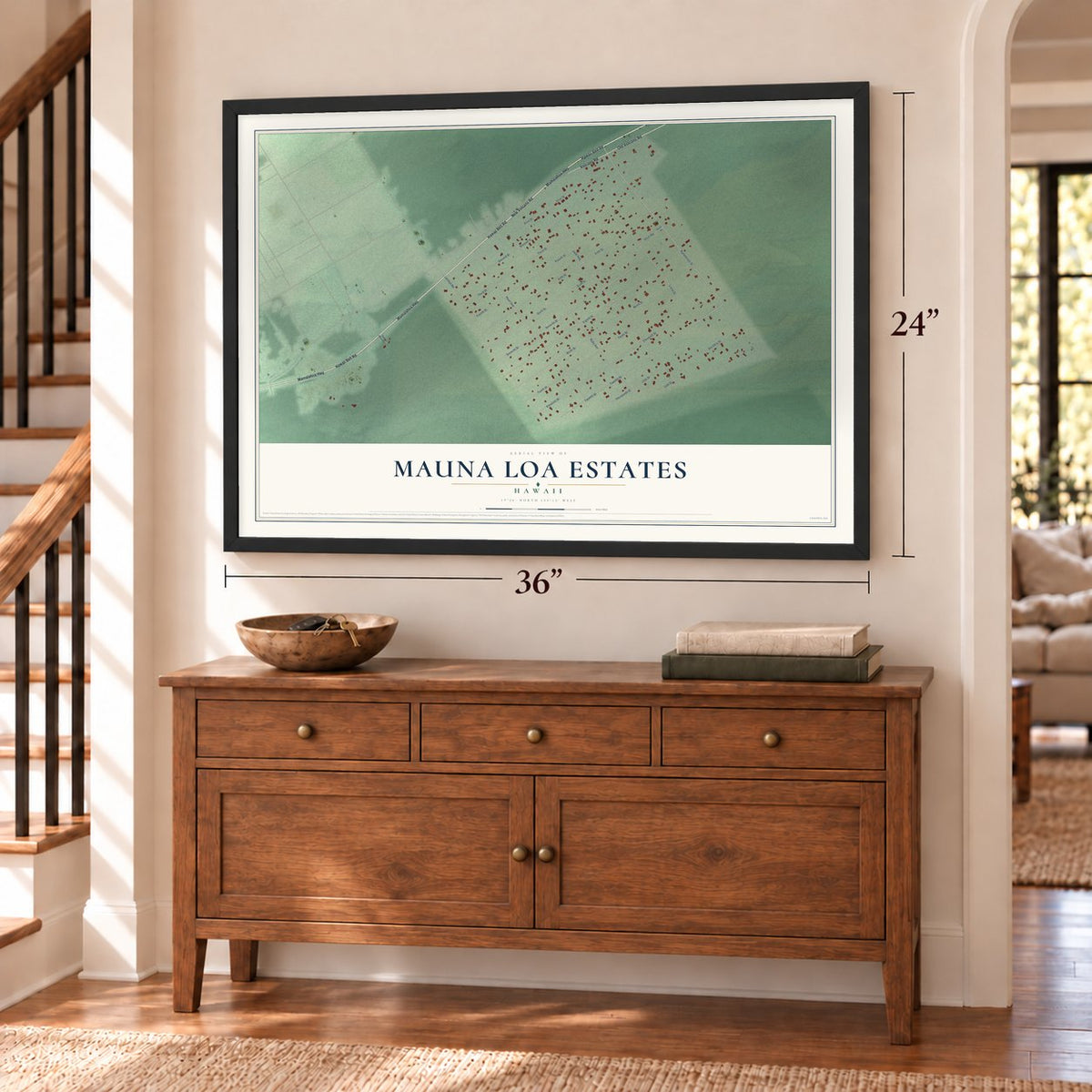 Mauna Loa Estates, Hawaii map, 24 x 36 inch print in a black frame above a dresser by a staircase