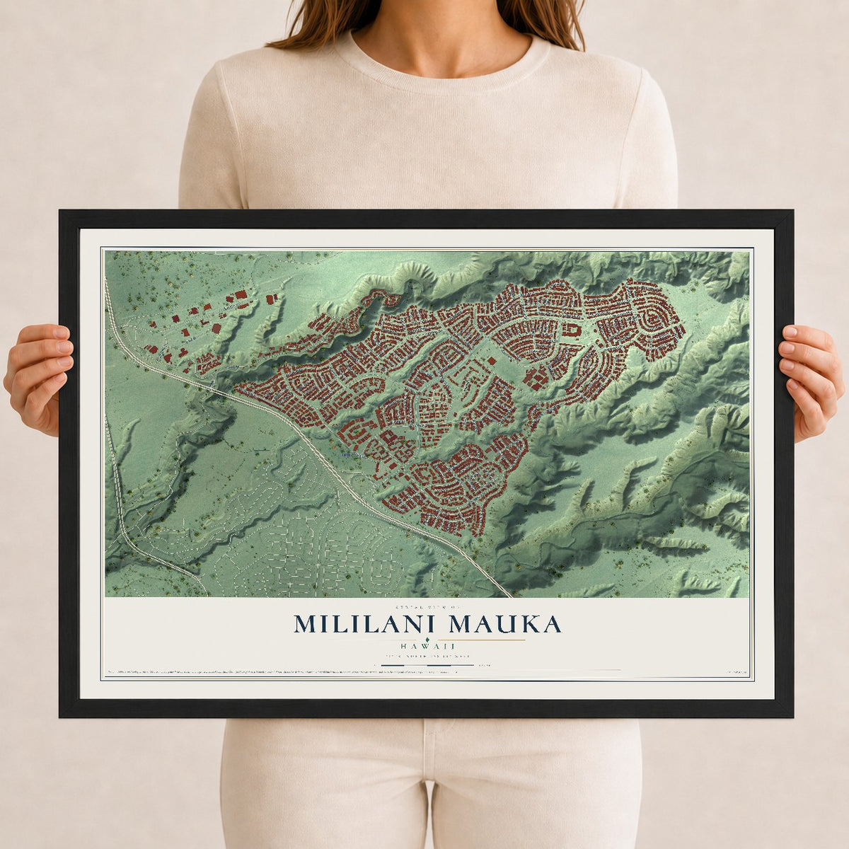 Map of Mililani Mauka, Hawaii, 12 x 18 inch print in a black wood frame