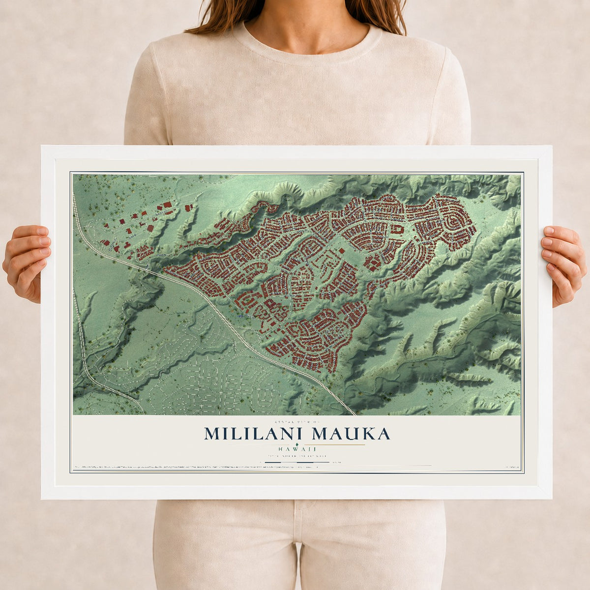 Map of Mililani Mauka, Hawaii, 12 x 18 inch print in a white wood frame