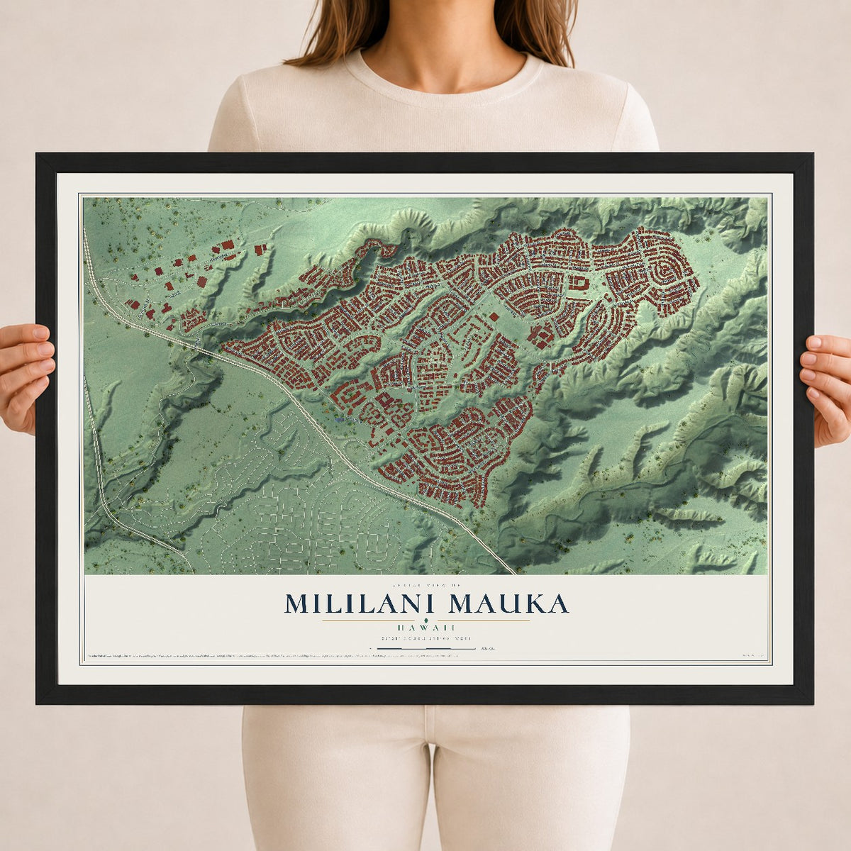 Map of Mililani Mauka, Hawaii, 18 x 24 inch print in a black wood frame
