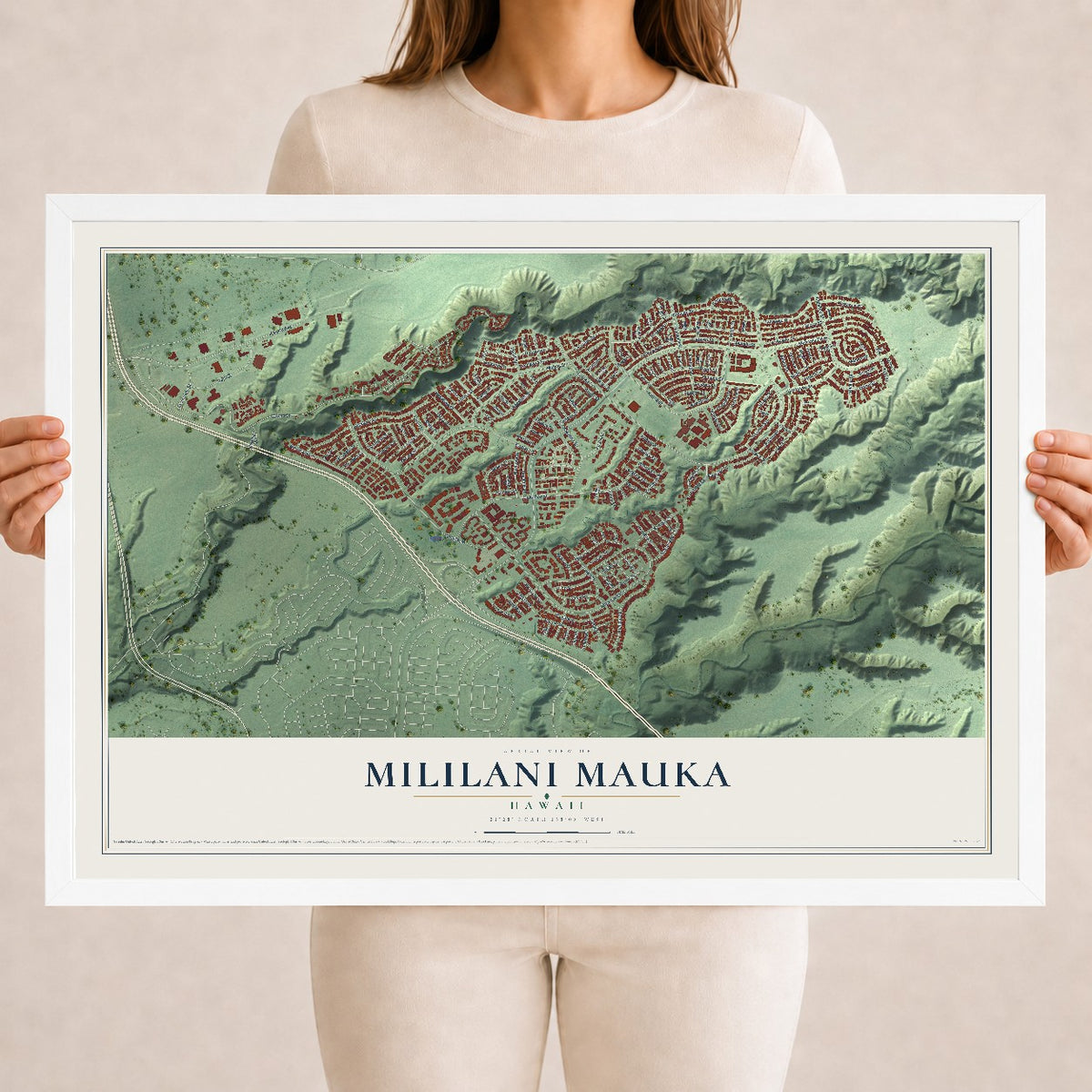 Map of Mililani Mauka, Hawaii, 18 x 24 inch print in a white wood frame