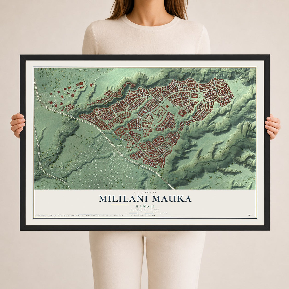 Map of Mililani Mauka, Hawaii, 24 x 36 inch print in a black wood frame