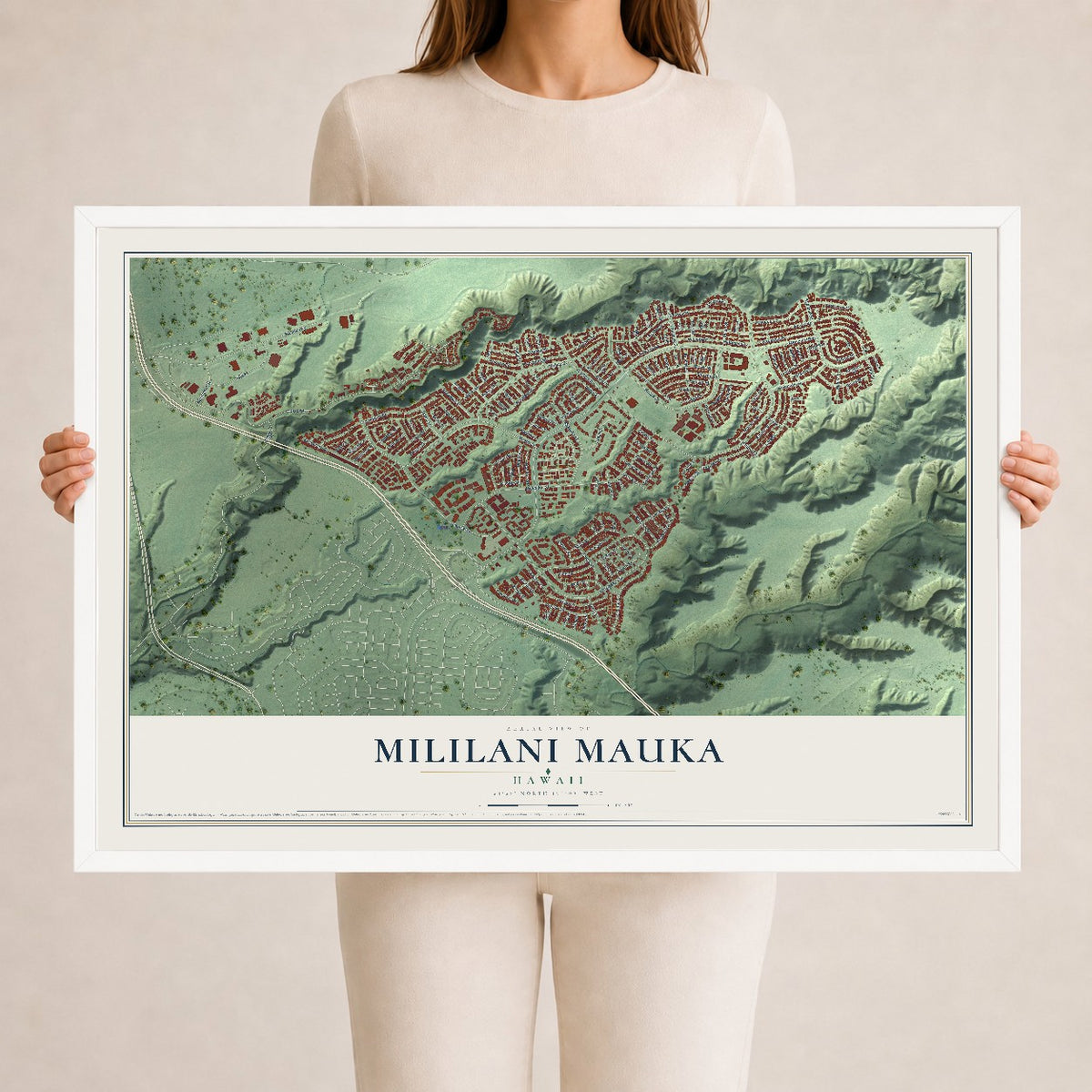 Map of Mililani Mauka, Hawaii, 24 x 36 inch print in a white wood frame