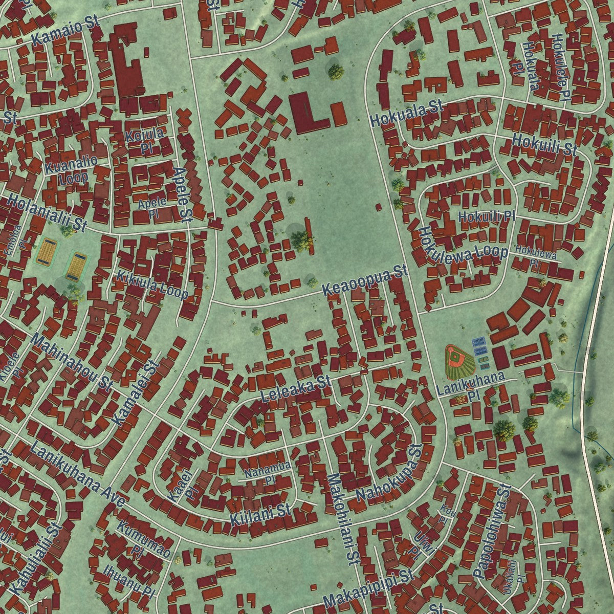 Second close-up of the map of Mililani Town, Hawaii print showing more streets and buildings
