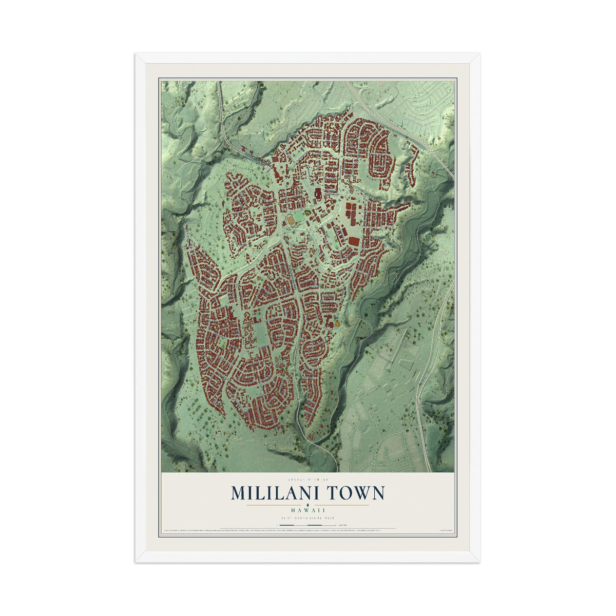 Map of Mililani Town, Hawaii, 12 x 18 inch print in a white wood frame