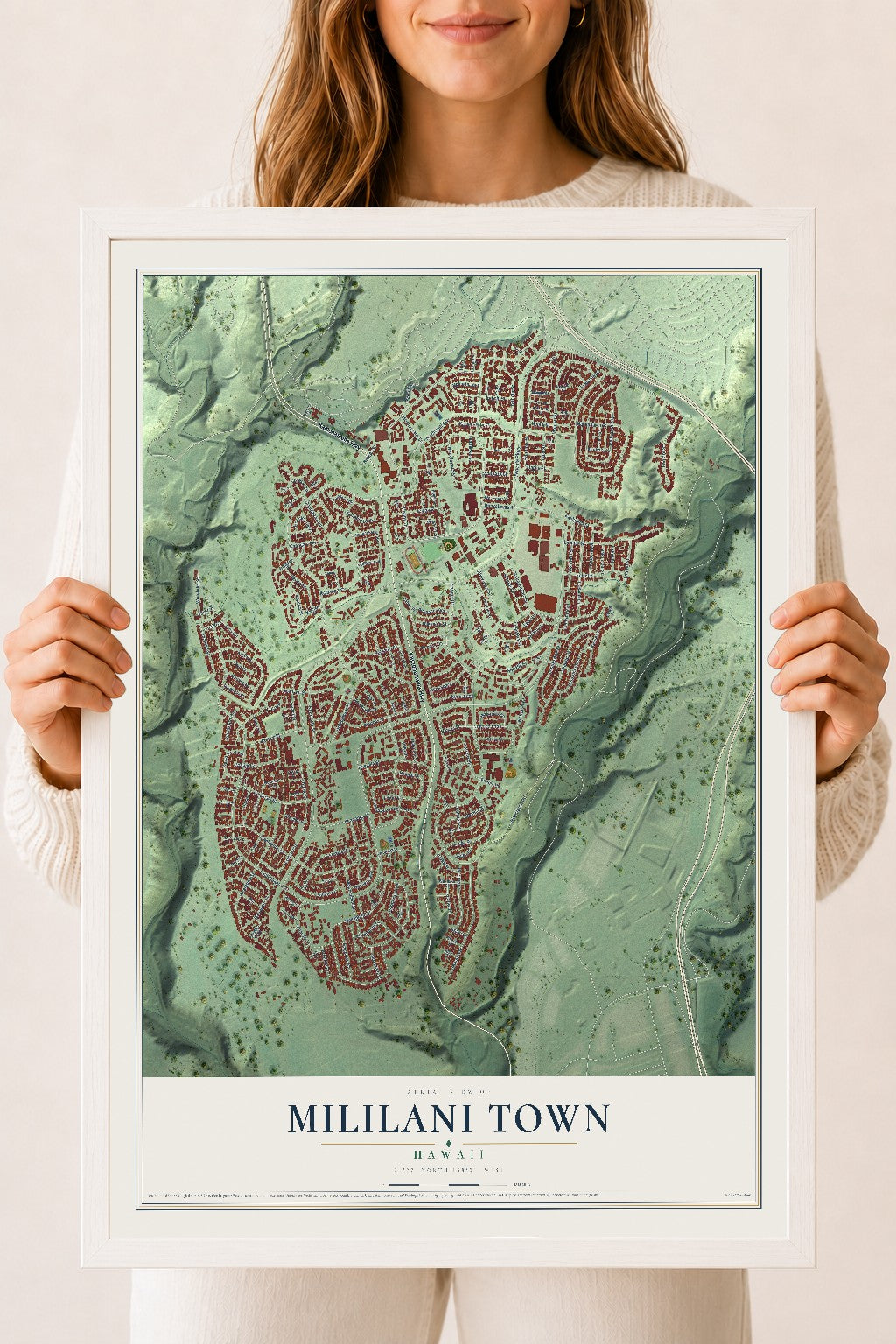 Map of Mililani Town, Hawaii, 18 x 24 inch print in a white wood frame