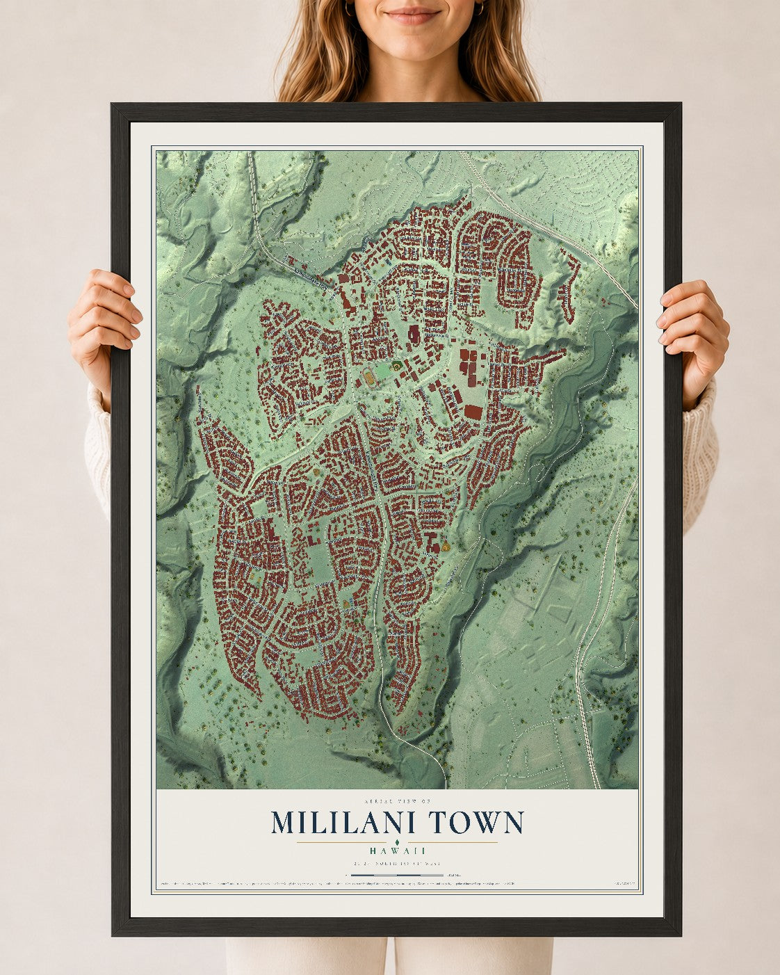 Map of Mililani Town, Hawaii, 24 x 36 inch print in a black wood frame