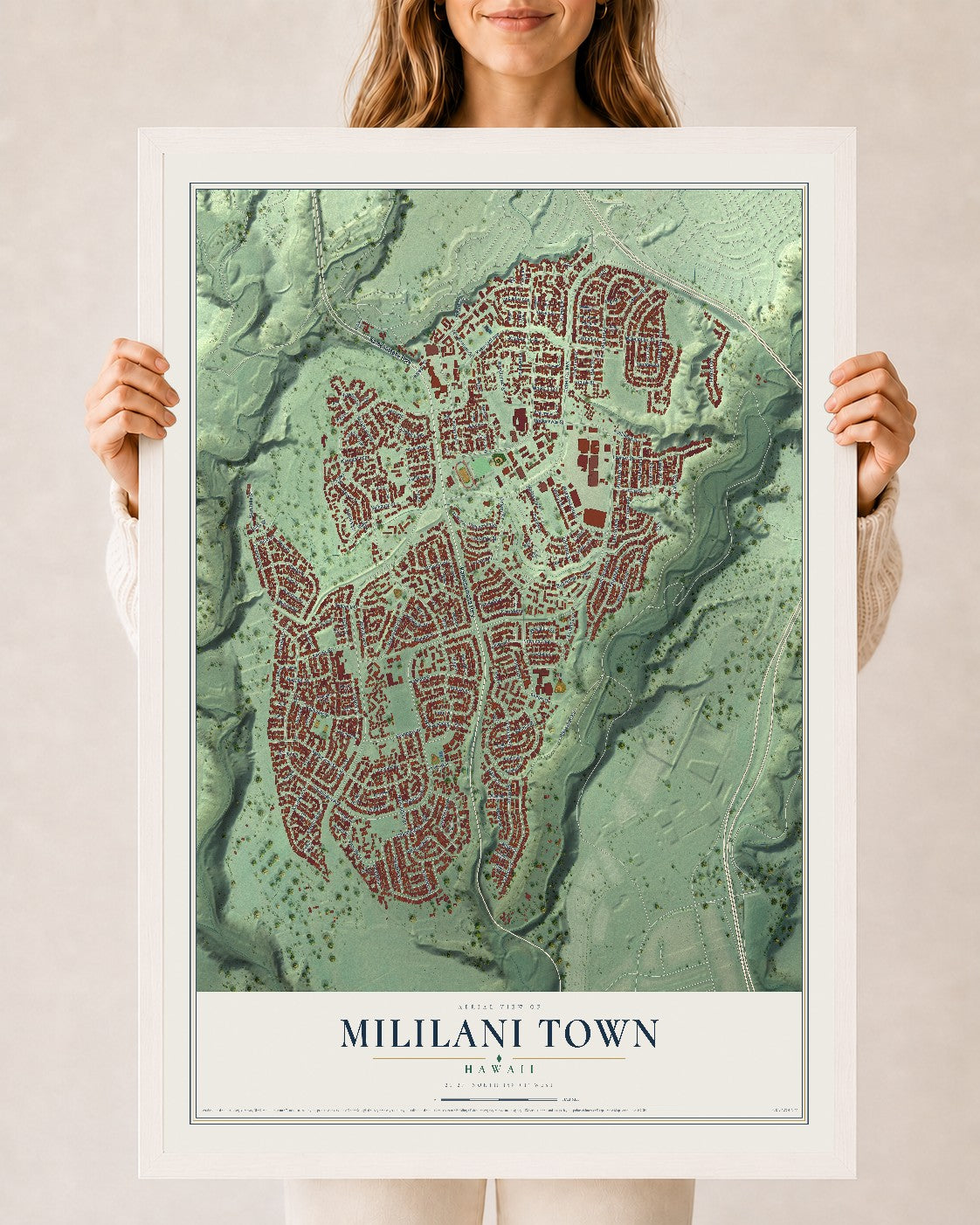 Map of Mililani Town, Hawaii, 24 x 36 inch print in a white wood frame