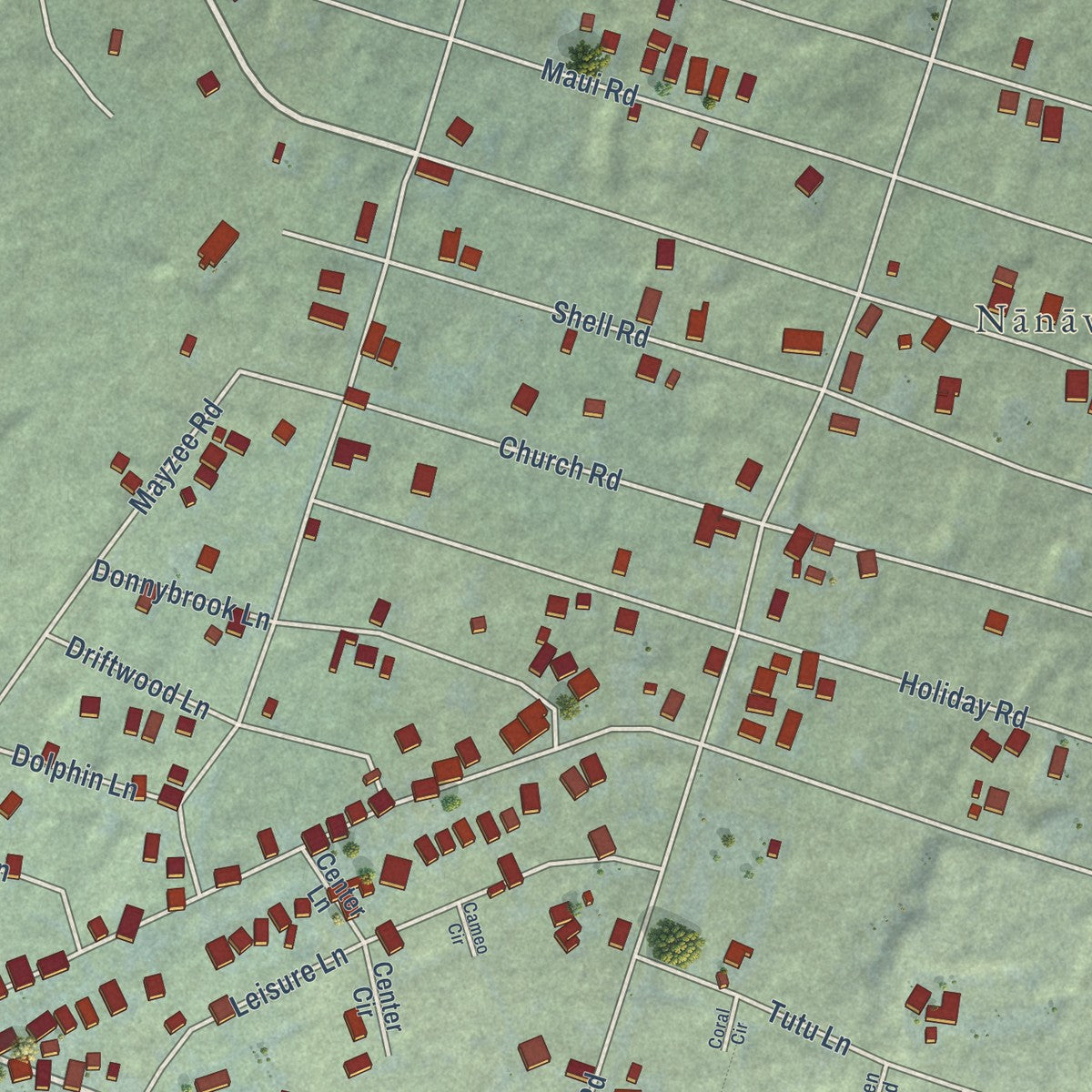 Close-up of the map of Nanawale Estates, Hawaii print showing street and building detail