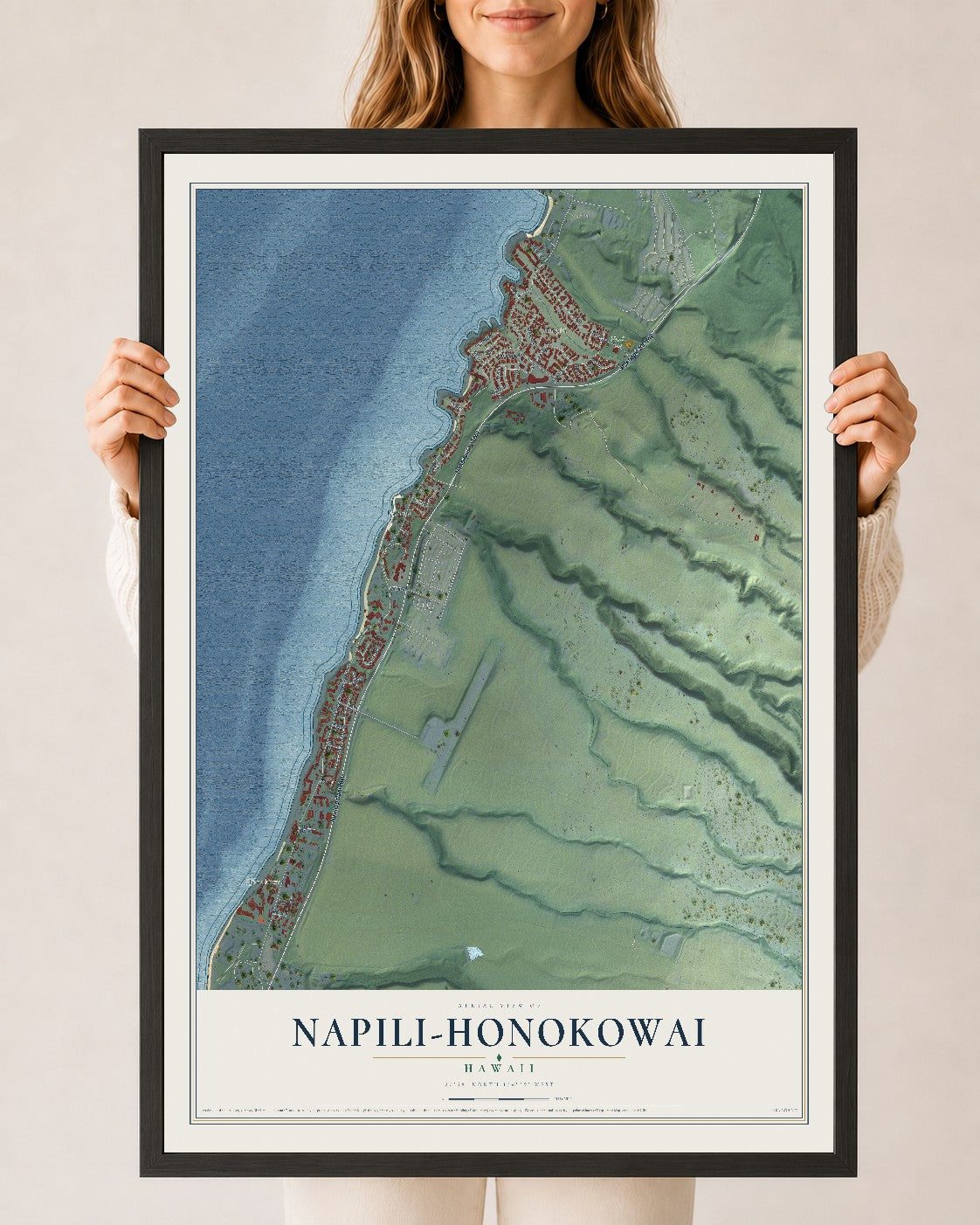 Map of Napili-Honokowai, Hawaii, 24 x 36 inch print in a black wood frame