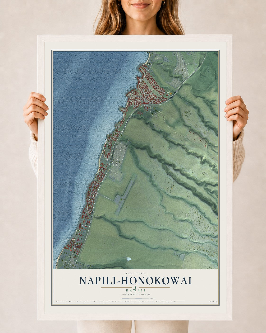 Map of Napili-Honokowai, Hawaii, 24 x 36 inch print in a white wood frame