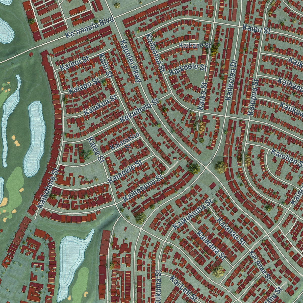 Close-up of the map of Ocean Pointe, Hawaii print showing street and building detail