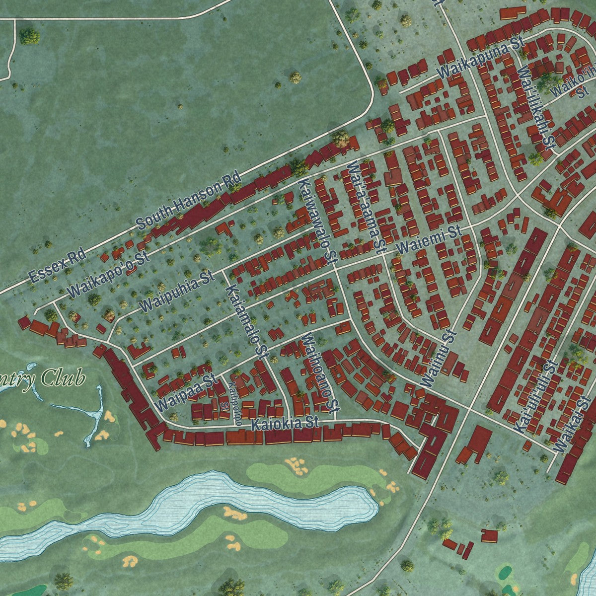 Second close-up of the map of Ocean Pointe, Hawaii print showing more streets and buildings