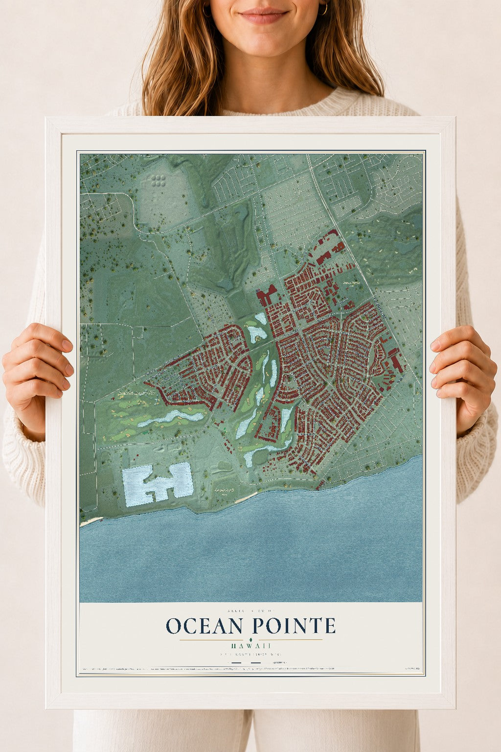 Map of Ocean Pointe, Hawaii, 18 x 24 inch print in a white wood frame