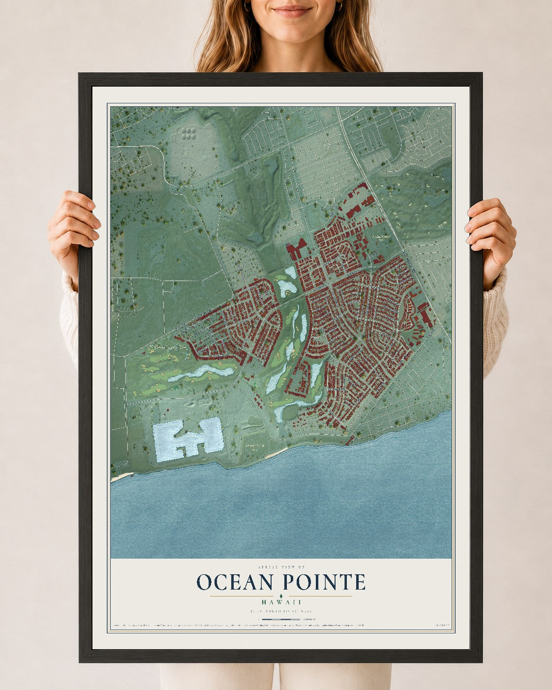 Map of Ocean Pointe, Hawaii, 24 x 36 inch print in a black wood frame
