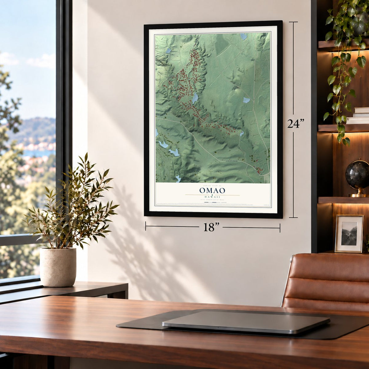 Omao, Hawaii map, 18 x 24 inch print in a black frame in a home office