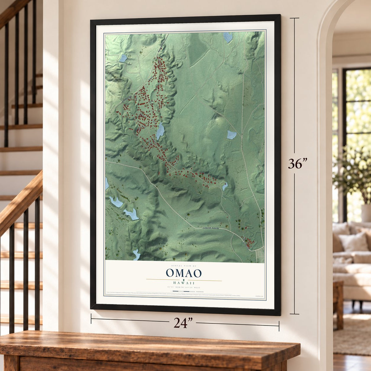 Omao, Hawaii map, 24 x 36 inch print in a black frame by a staircase
