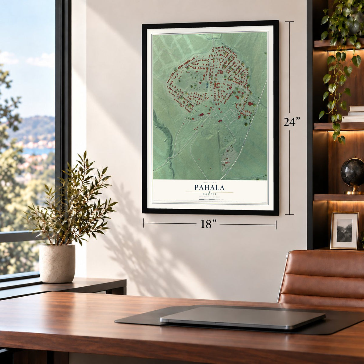 Pahala, Hawaii map, 18 x 24 inch print in a black frame in a home office