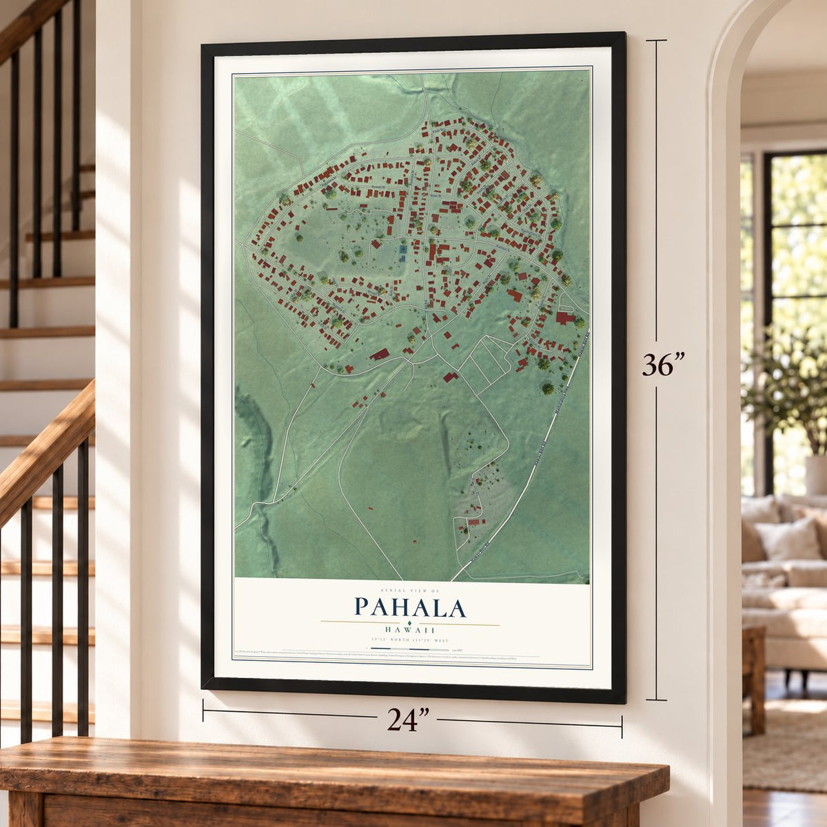 Pahala, Hawaii map, 24 x 36 inch print in a black frame by a staircase
