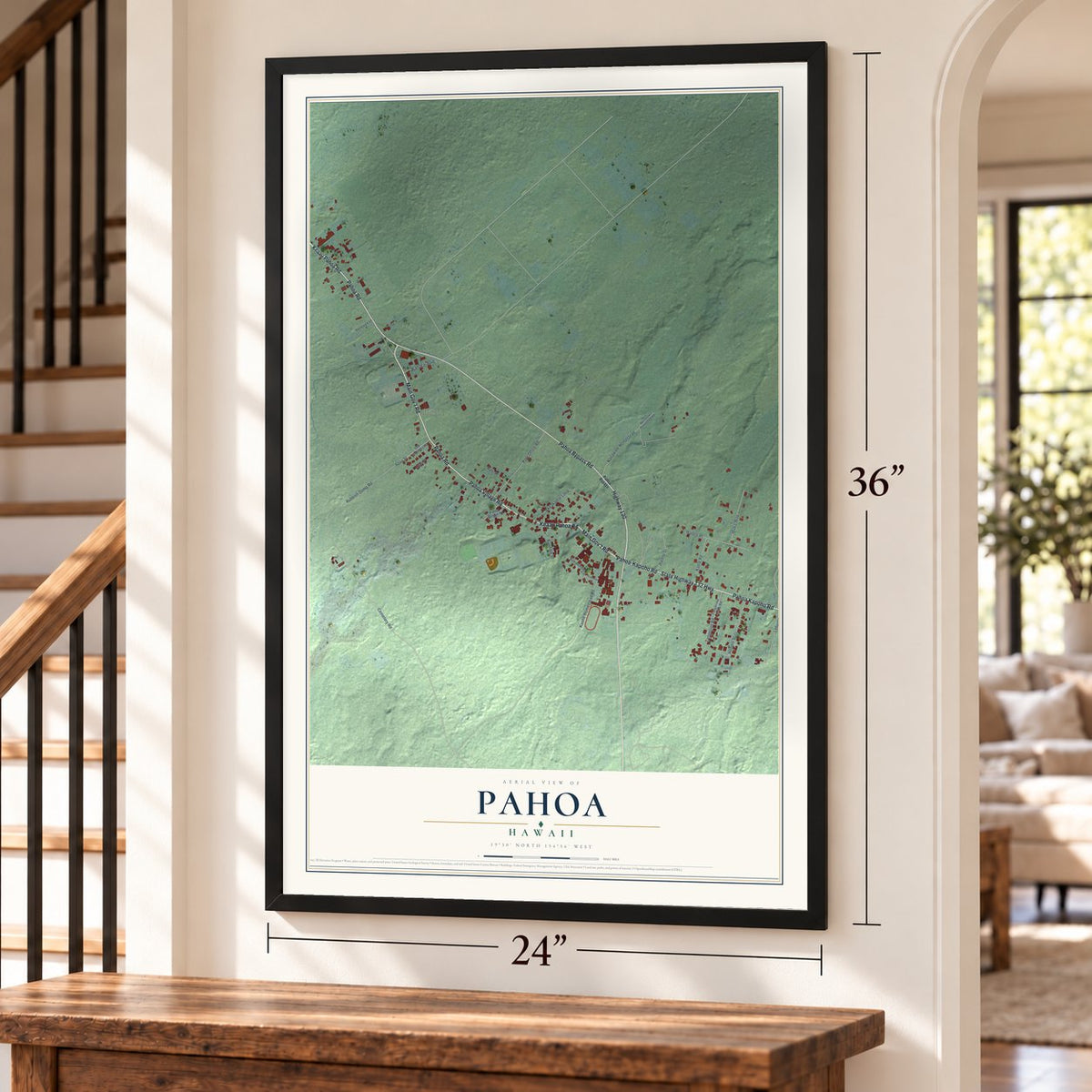 Pahoa, Hawaii map, 24 x 36 inch print in a black frame by a staircase