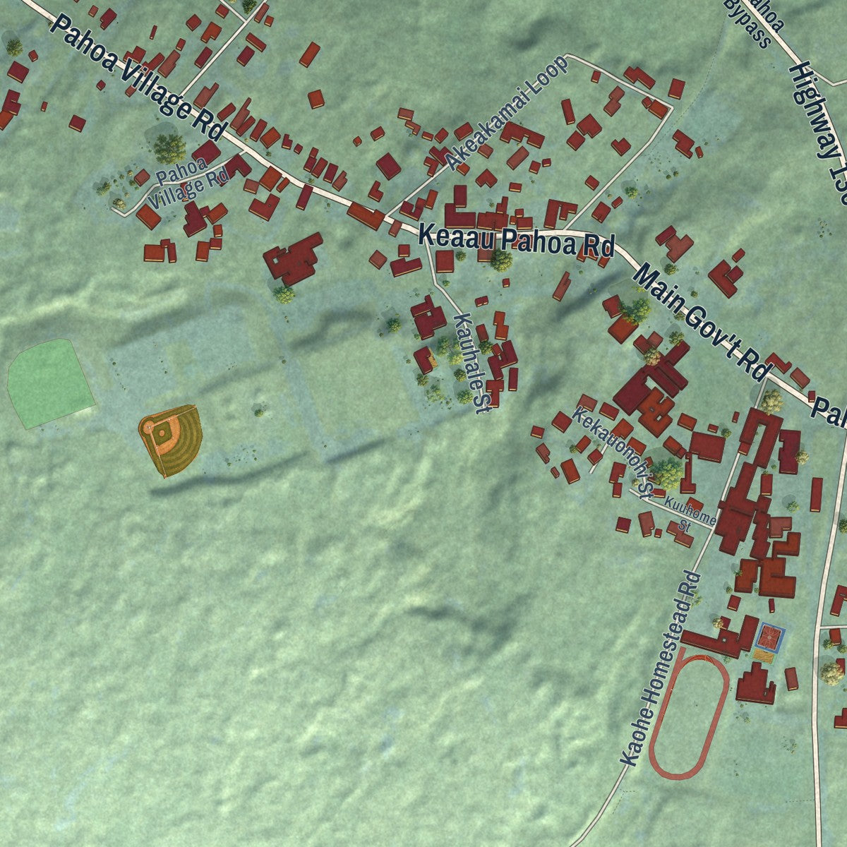 Close-up of the map of Pahoa, Hawaii print showing street and building detail