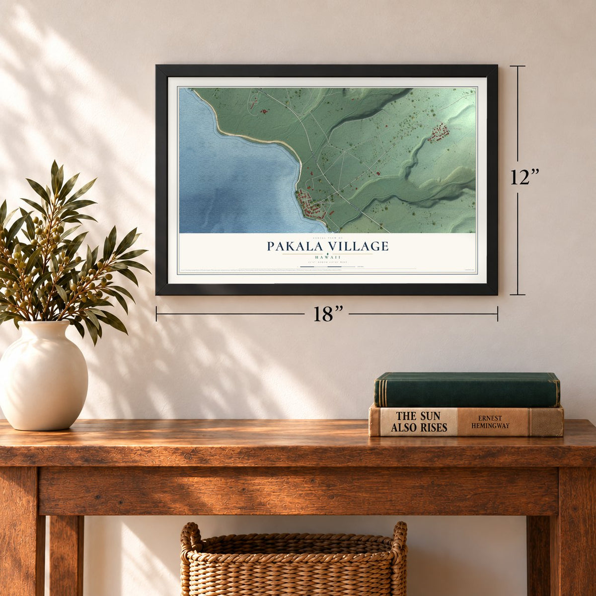 Pakala Village, Hawaii map, 12 x 18 inch print in a black frame in an entryway