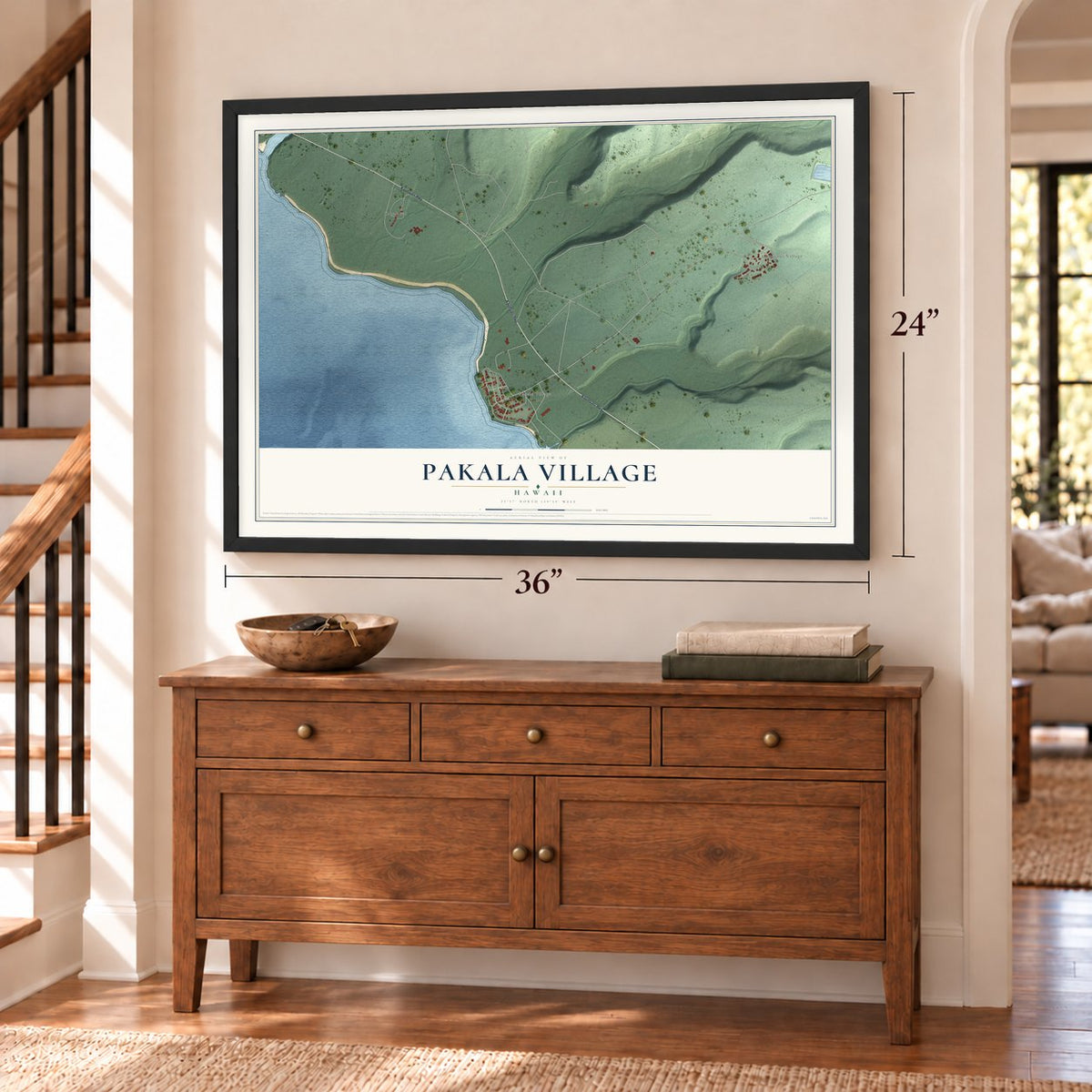 Pakala Village, Hawaii map, 24 x 36 inch print in a black frame above a dresser by a staircase